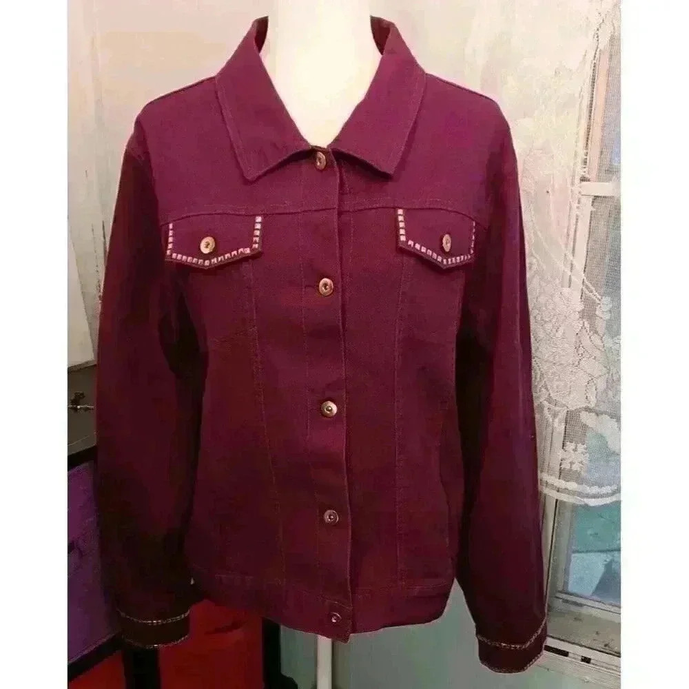 Vintage Ashro Jacket Womens 18 Deep Purple Denim Gold Studded Button Front‎